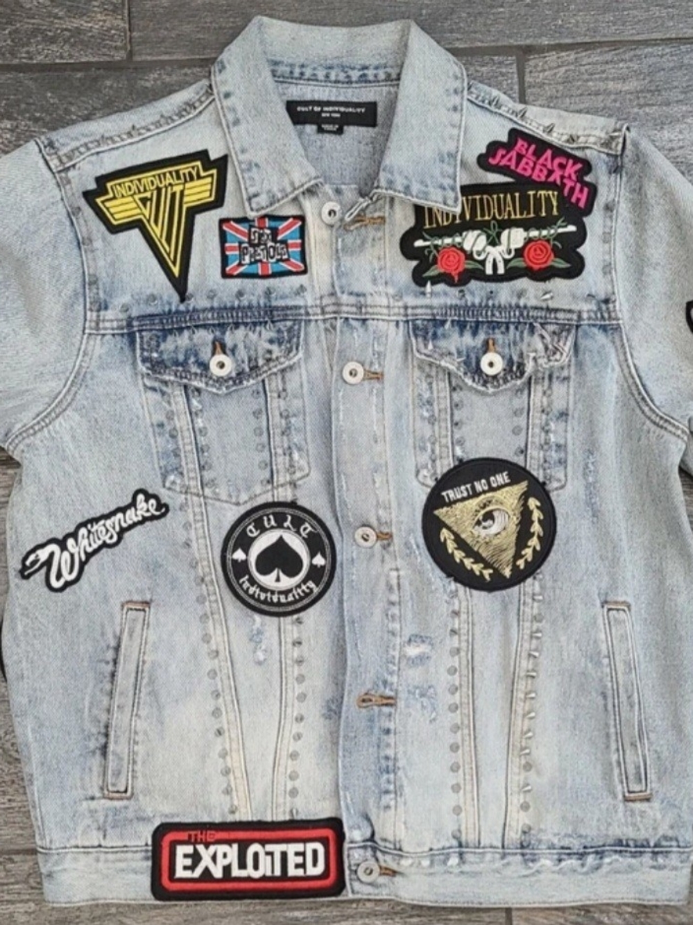 Cult of Individuality Light Blue Patchwork Denim Jacket With Spikes!